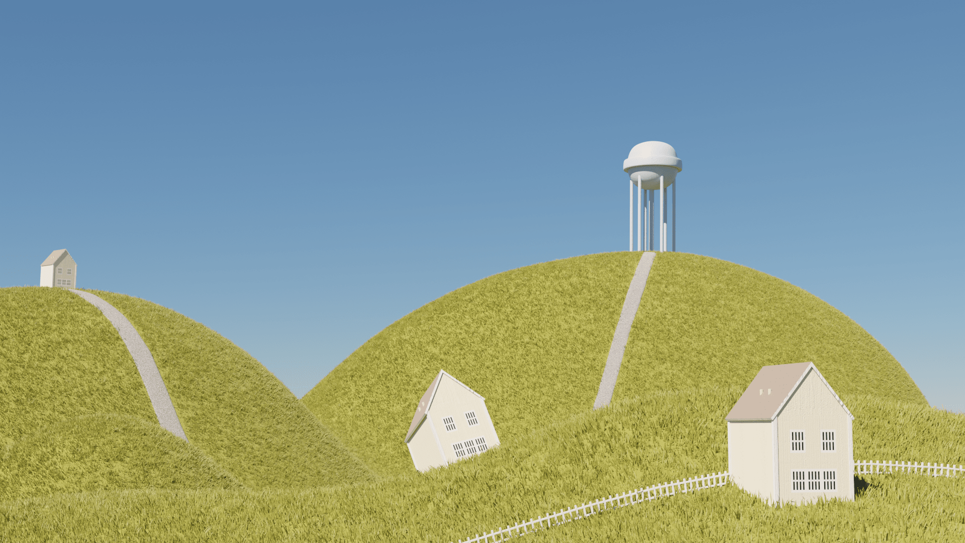 Houses on large grassy hills